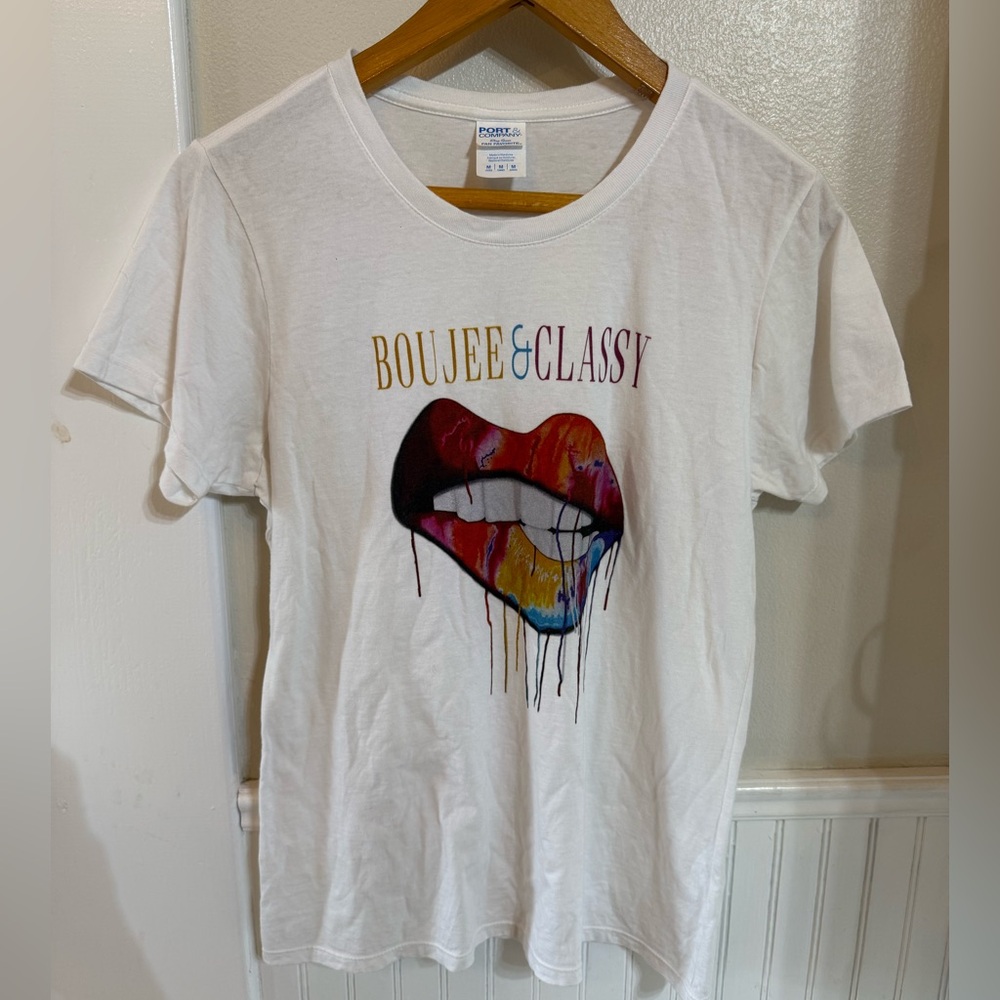 Port and Company Boutique White Tee with Colorful Lip Design